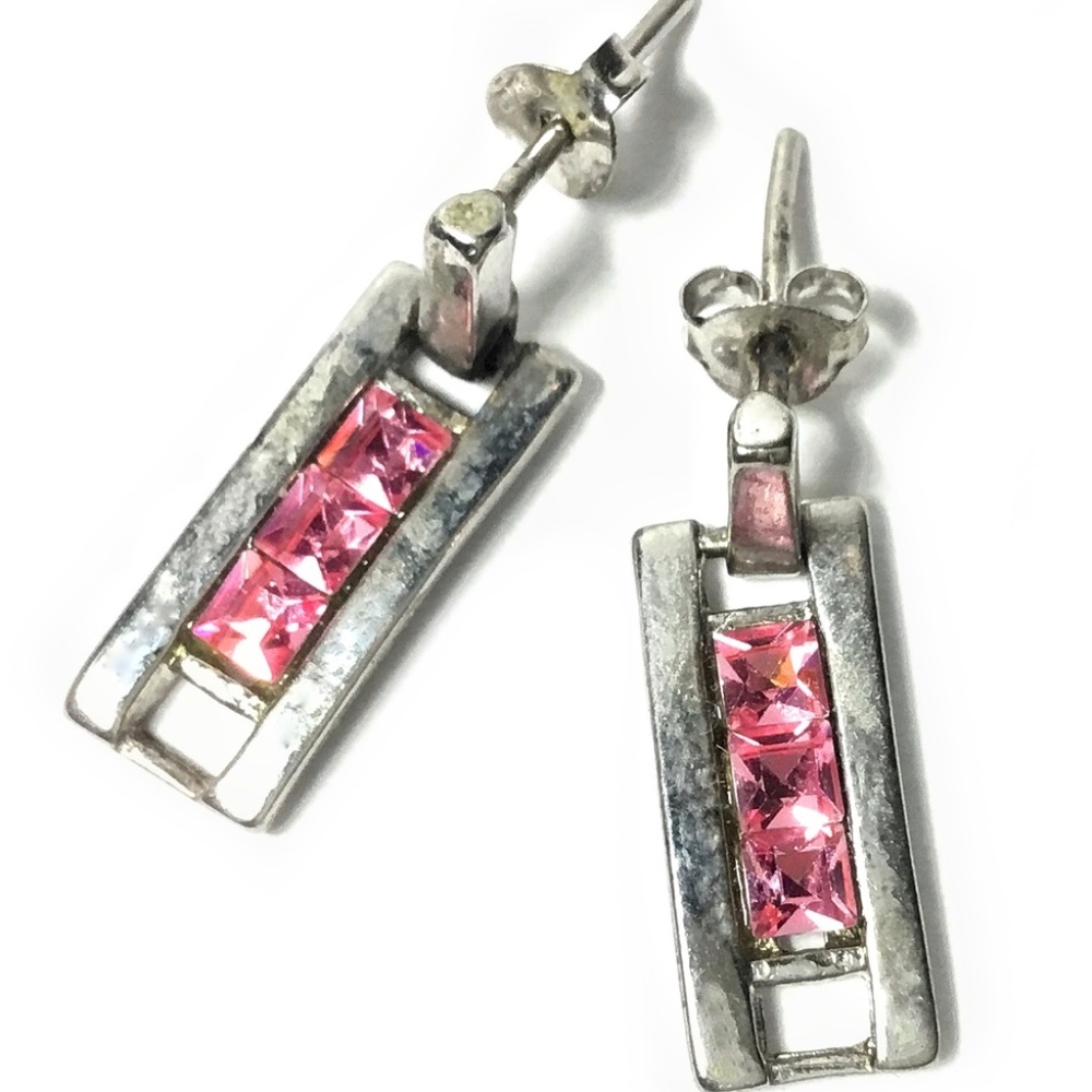 Vintage Sterling Silver Pink CZ Dangle Drop Pierced Earrings